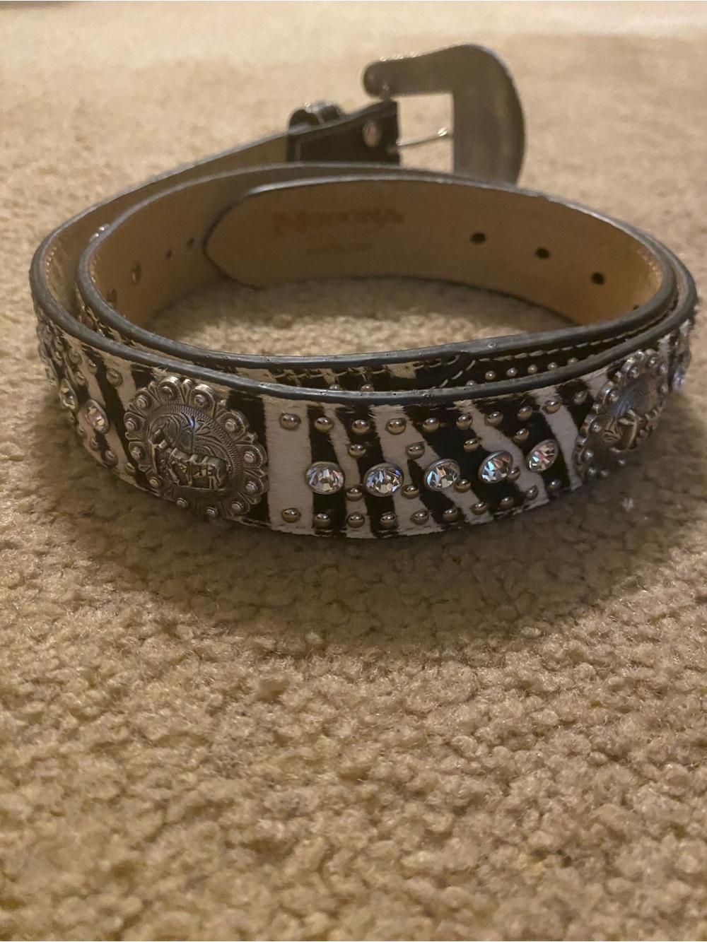 Nocona Zebra Print Belt with Rhinestones and Western Conchos Hair on size 38